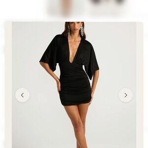 Black Deep V-Neck Mini Dress with Dolman Sleeves